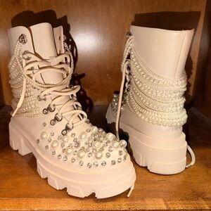 Elegant Pearl-Embellished Cream Boots